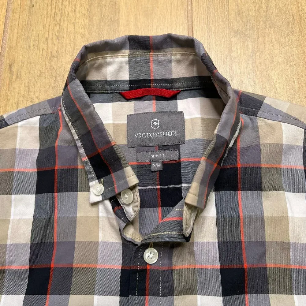 Victorinox Button Down Shirt Men’s Medium Slim Fit Plaid Gray Red Long Sleeve - Picture 2 of 10